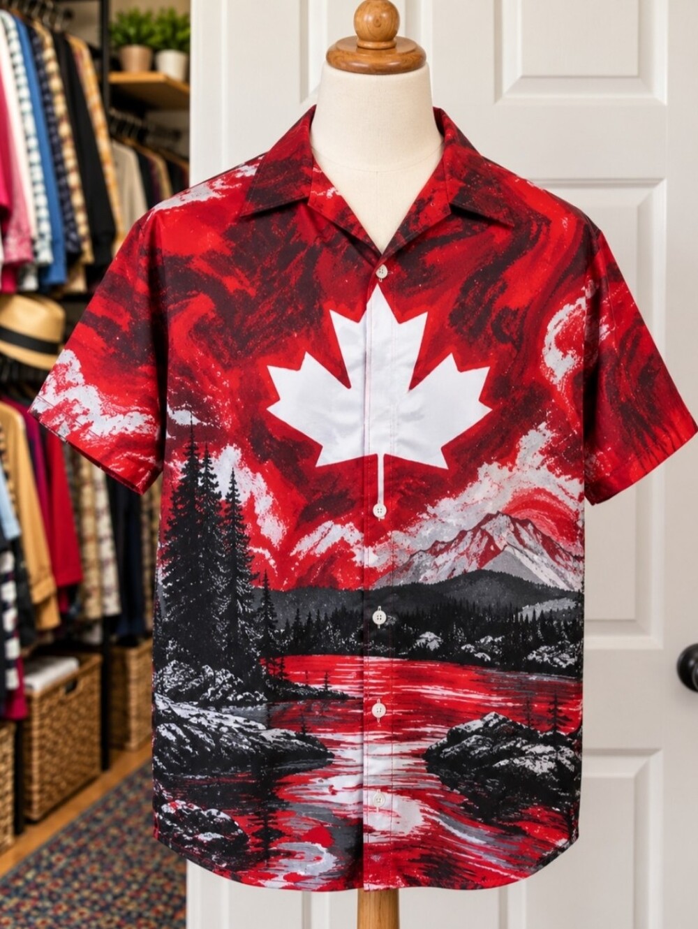 Men’s 3XL Canadian Maple Leaf Scenic Graphic Button-Down Shirt